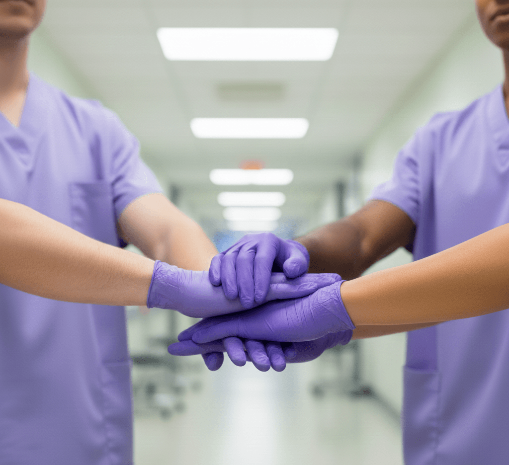Equipo de enfermería uniendo las manos